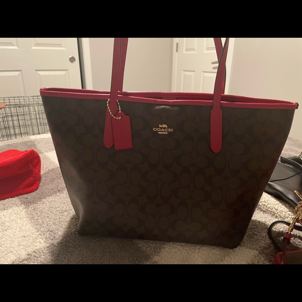 Red and dark brown large Coach tote bag